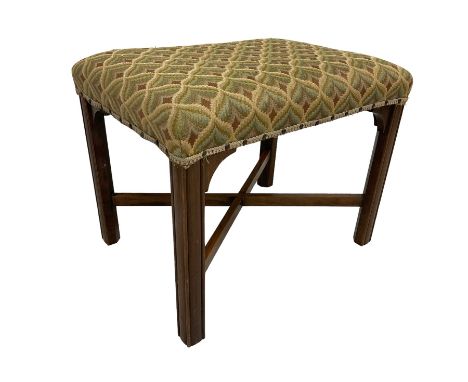 19th century mahogany framed dressing stool, padded seat upholstered in peridot patterned fabric, raised on moulded square su