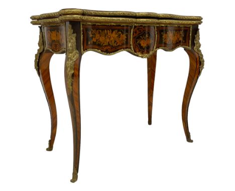 Late 19th to early 20th century French inlaid Kingwood card table, the shaped fold-over top inlaid with extending flowerheads