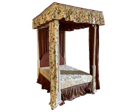 Cream painted 4' small double four poster bed, turned and fluted upright supports on stepped and moulded plinths, shaped head