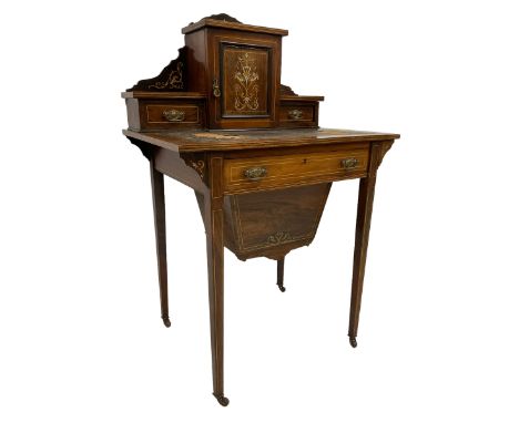 Late Victorian inlaid rosewood writing desk or work table, raised back fitted with cupboard and two small drawers, inlaid wit