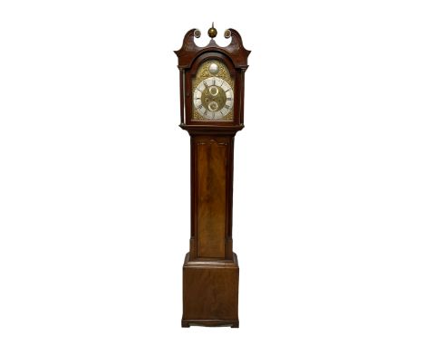 Mahogany George III - 8-day longcase clock, with a swans necked pediment, brass paterie and a central brass ball and spire fi