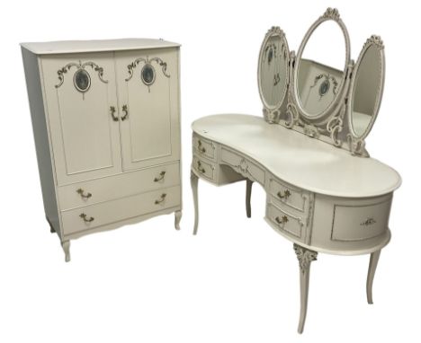 Cream and gilt kidney-shaped dressing table with triple mirror, together with matching stool (W134cm, H140cm); cream and gilt