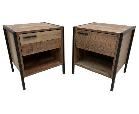 Pair of rustic pine finish and metal bedside stands, each fitted with single drawer and shelf Dimensions: Height:&nbsp;50cm&n