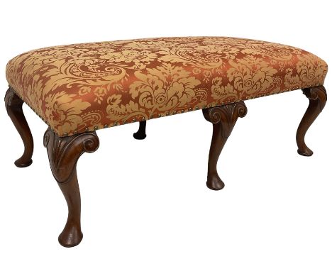 George II design mahogany double stool, padded seat upholstered in foliate patterned damask fabric, raised on six cabriole su