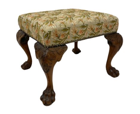 George II design walnut cabriole stool, rectangular seat upholstered in Indian silk and metal thread floral crewel work with 