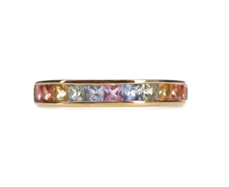 MULTICOLOURED SAPPHIRE RING, set with square sapphires of varying colours, marked 9K, size M, 2.3g