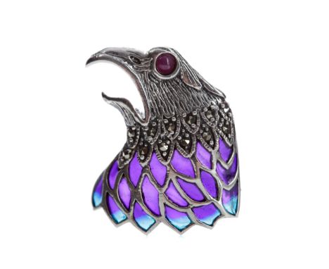 PLIQUE A JOUR EAGLE HEAD BROOCH, with cabochon ruby eye, marcasite collar and purple and blue enamel, marked 925, 8.2g