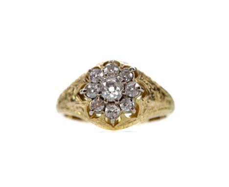 DIAMOND DRESS RING, set with a central Old Mine cut diamond within a halo of Old European cut diamonds, the diamonds totallin