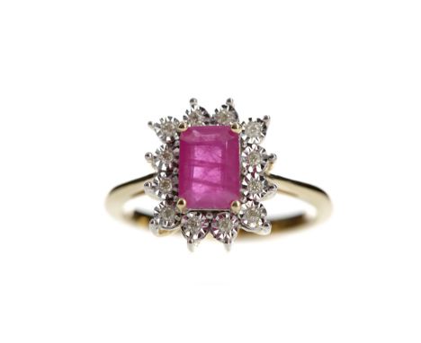 RUBY AND DIAMOND RING, set with a step cut ruby of approximately 1.04 carats, within a halo of illusion set round brilliant c