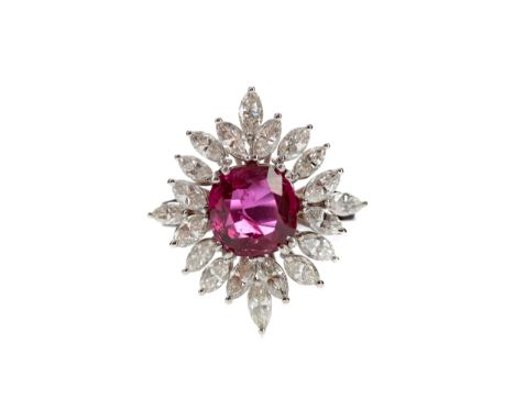 CERTIFICATED UNHEATED RUBY AND DIAMOND RING, set with an unheated cushion shaped ruby of approximately 2.93 carats with accom