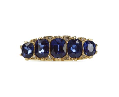 SAPPHIRE FIVE STONE RING, set with five cushion shaped sapphires interspaced by diamond chips, marked 18CT, size N 1/2, 5.8g