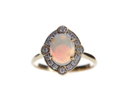 OPAL AND DIAMOND RING, set with a cabochon opal of approximately 0.86 carats, within a halo of round brilliant cut diamonds t