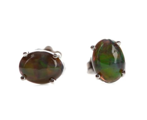 PAIR OF BLACK OPAL STUD EARRINGS, each set with a cabochon black opal, marked 925, 1.6g