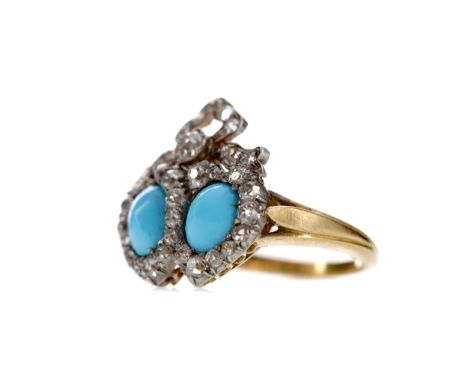 TURQUOISE AND DIAMOND RING, set with two cabochon turquoise stones, each within a diamond set heart shaped border beneath a d