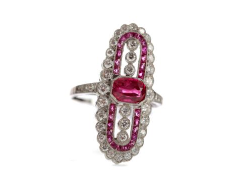 RUBY, SPINEL AND DIAMOND RING, set with an octagonal step cut ruby within a border of round brilliant cut diamonds and calibr