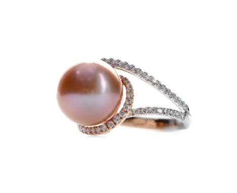 PINK PEARL AND DIAMOND RING, set with a peachy pink pearl 12mm in diameter, upon a rose and white gold diamond set shank, the