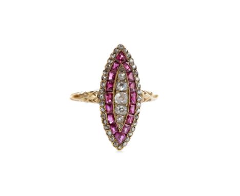 RUBY AND DIAMOND RING, set with Old Mine cut diamonds bordered by rubies and rose cut diamonds, the rubies totalling approxim