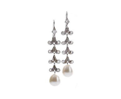 PAIR OF PEARL AND DIAMOND EARRINGS, set with light grey pearls suspended from four Old Mine cut diamond set sections and a di