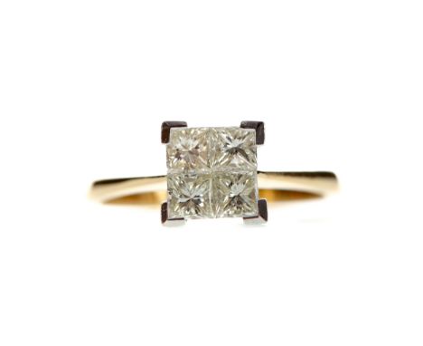 DIAMOND QUAD RING, set with four princess cut diamonds totalling approximately 0.75 carats, in eighteen carat gold, size M 1/