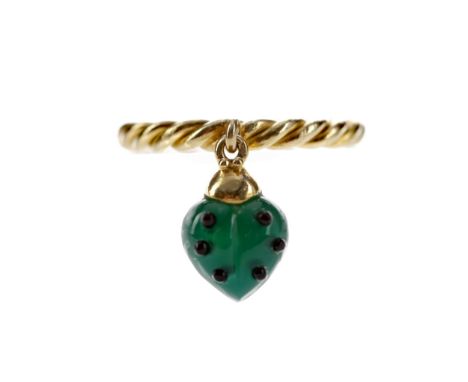 DE GRISOGONO RING, the green hardstone ladybird suspended from a ropetwist shank, indistinctly marked to the outer shank, siz