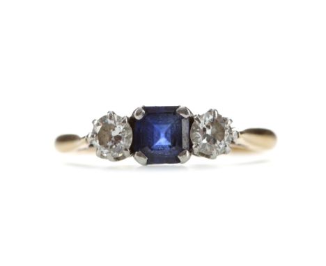 SAPPHIRE AND DIAMOND THREE STONE RING, set with a step cut sapphire flanked by two brilliant cut diamonds totalling approxima