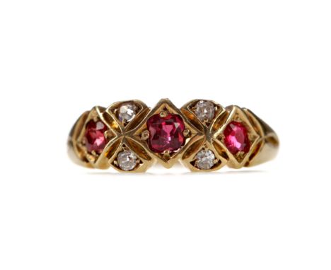 RUBY AND DIAMOND RING, set with three cushion shaped rubies totalling approximately 0.43 carats interspaced by Old Mine cut d