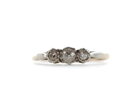 DIAMOND THREE STONE RING, set with old cut diamonds totalling approximately 0.20 carats, marked 9CT and PALLADIUM, size Q 1/2