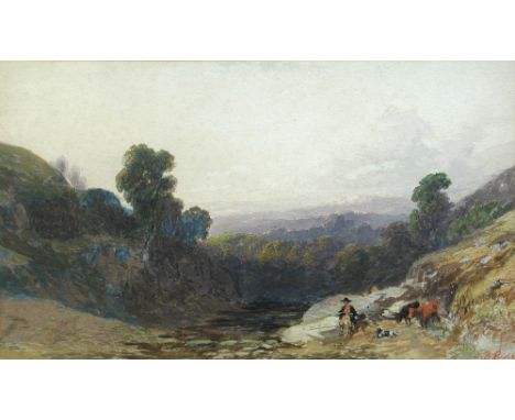 Bradford Rudge (British, 1805-1885) A herdsman with cattle and a sheepdog preparing to cross a river signed lower right "B Ru