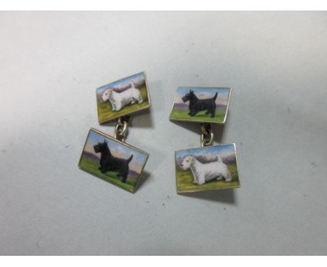 A pair of vintage enamelled gold cufflinks depicting dogs, the double-ended links with rectangular plaques of hallmarked 9ct 