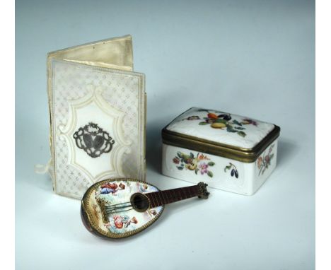 A late 19th century Continental enamel trinket box in the form of a mandolin, probably a Grand Tour souvenir, painted with fi