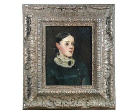 Circle of Édouard Manet (French, 1832-1883) Portrait of a young girl in a black dress with lace collar, wearing a jet brooch 