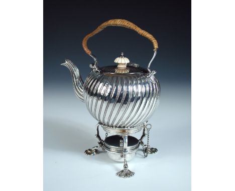 A small Victorian silver teakettle, by Charles Stuart Harris, London 1883, the fluted melon shaped kettle with fixed cane cla