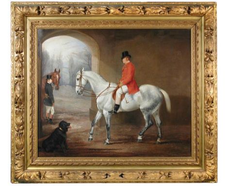 Edward Lloyd (British, 1818-1901) A Shropshire Squire going hunting, wearing a nosegay of flowers, riding a grey hunter, his 