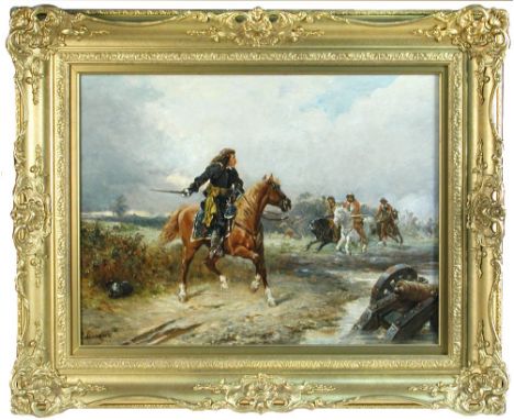 Robert Alexander Hillingford (British, 1828-1904) A Cavalier on a chestnut horse being ambushed by Roundheads signed lower le