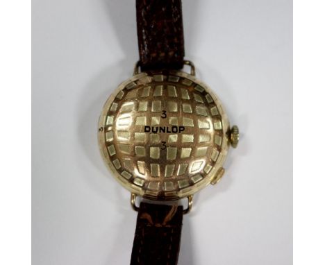 Unsigned - a 9ct gold hunter cased wristwatch modelled as a Dunlop No 3 golf ball, the white enamel dial printed with Roman n