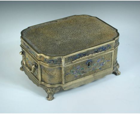 A 19th century Chinese gilt filigree and cloisonne enamel box, the sides of the rounded rectangular hinged lid enamelled with