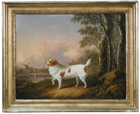 Charles Towne (British, 1763-1840) A Marlborough spaniel in a wooded landscape, a windmill beyond signed lower right "C Towne