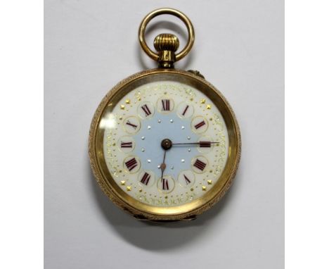 Unsigned - a lady's 18k cased open face fob watch, the coloured enamel dial with Roman numerals, keyless wind lever movement,