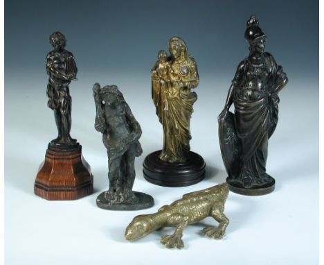 Four bronze standing figures and a polished lizard, the smallest of the first depicting Hercules with a club on his shoulder 