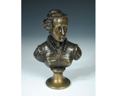 A late 18th or early 19th century bronze portrait bust, possibly Catherine de Medici, mounted to a later socle base 20cm (8in