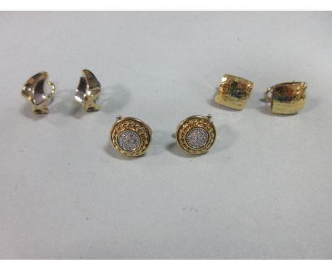 A pair of diamond and bi-coloured 18ct gold earstuds together with two further pairs of 18ct gold earrings, the first designe