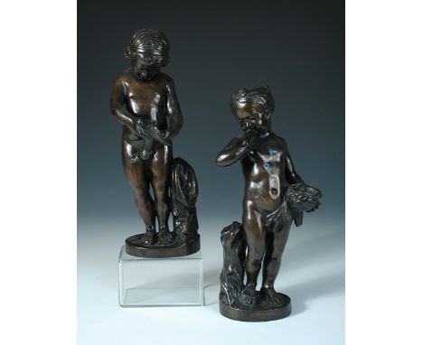 After Charles-Antoine Bridan, a pair of late 19th or early 20th century Italian bronze models of a boy and a girl, the boy de