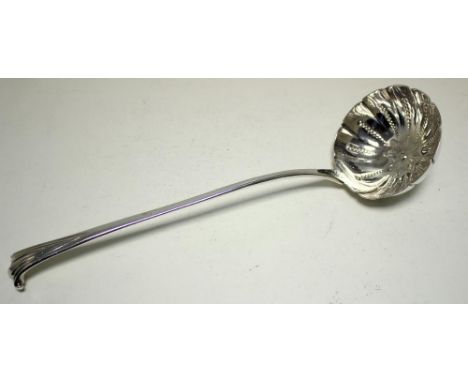 A George III silver Onslow pattern ladle, by Thomas Tookey, London 1780, the probably re-shaped bowl embossed with flowerhead