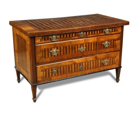 An ealy 18th century South German walnut commode, inlaid with satinwood to a wide banded border, fitted three long graduated 