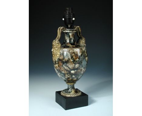 A Wedgwood and Bentley agate ware vase as a lamp, the horns of the gilt satyr mask handles on the shoulders running up to the