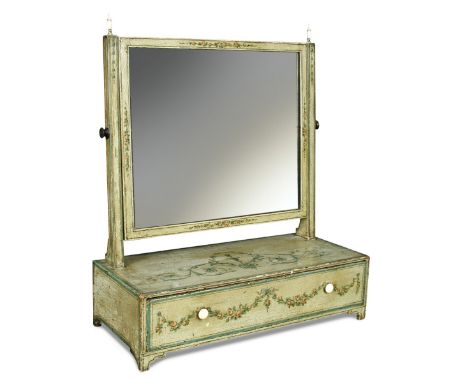 A late 18th century painted dressing table mirror with bone finials, decorated in the neoclassical manner, a single drawer, o