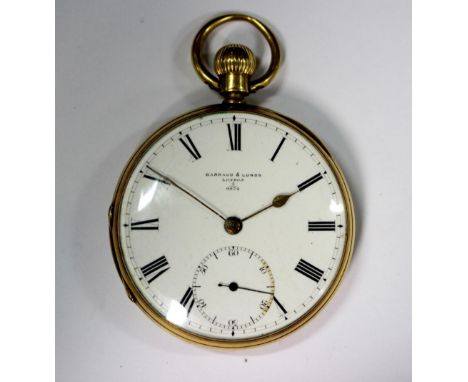 Barraud and Lund - an 18ct gold cased open face pocket watch, the white enamel dial printed with Roman numerals, subsidiary s