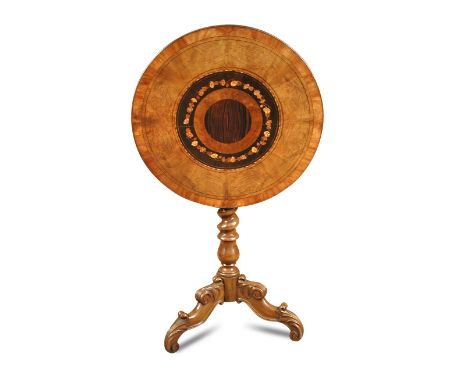 A 19th century Serrento olive wood tripod table, marquetry inlaid with a floral wreath to the centre with radiating veneers a
