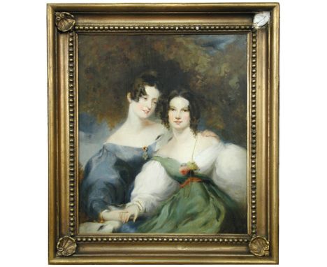 Circle of Sir Thomas Lawrence (British, 1769-1830) Portrait of two sisters, one in blue and one in green, holding hands oil o