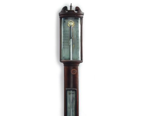 A 19th century mahogany bowfront stick barometer by Gill & Co, the swanneck pediment above signed silvered register, bowfront